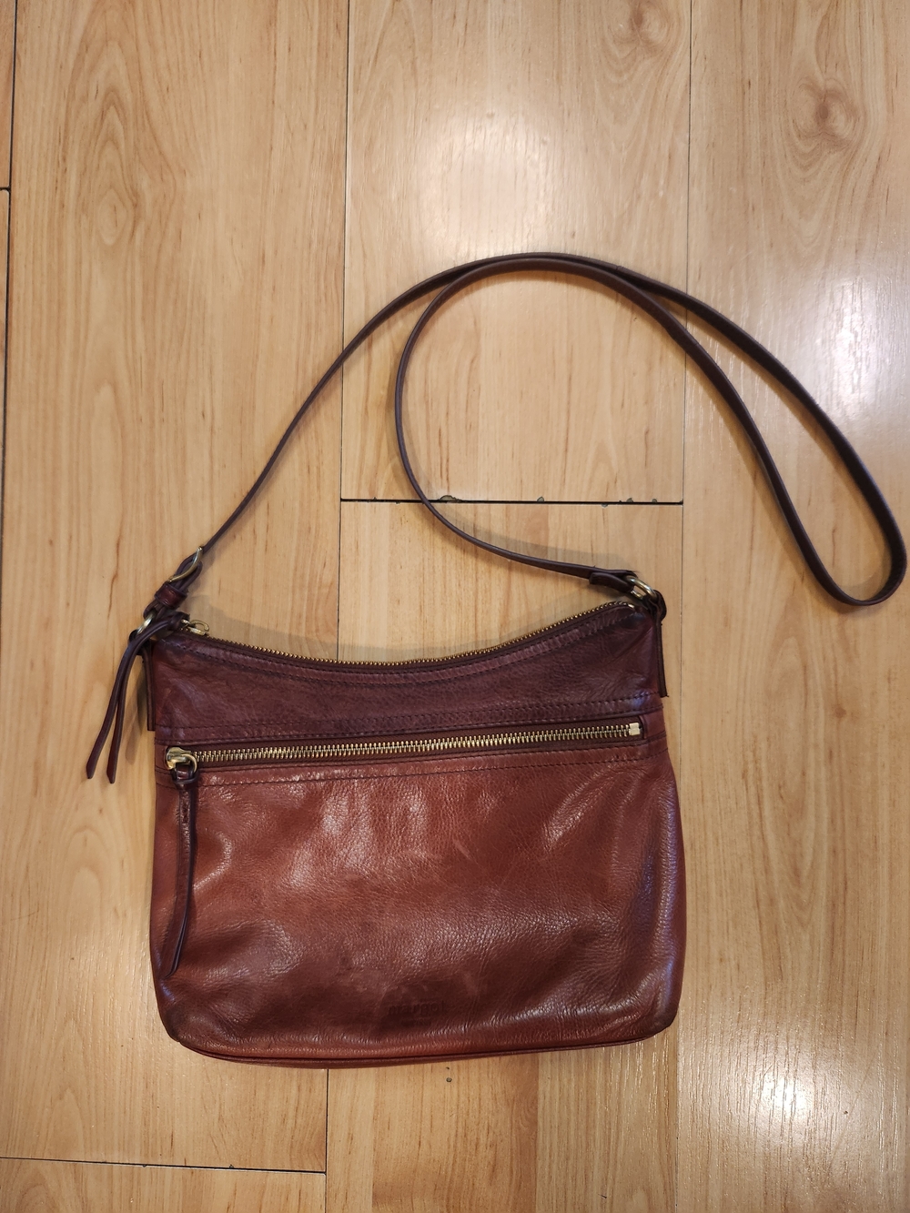 Pebbled Leather Crossbody Bag Cognac Brown Gold Hardware Linen Lining